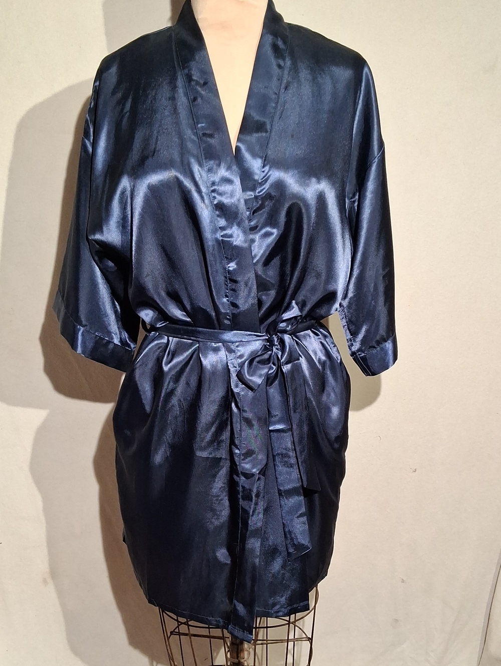 Satin Kimono Robe - Navy